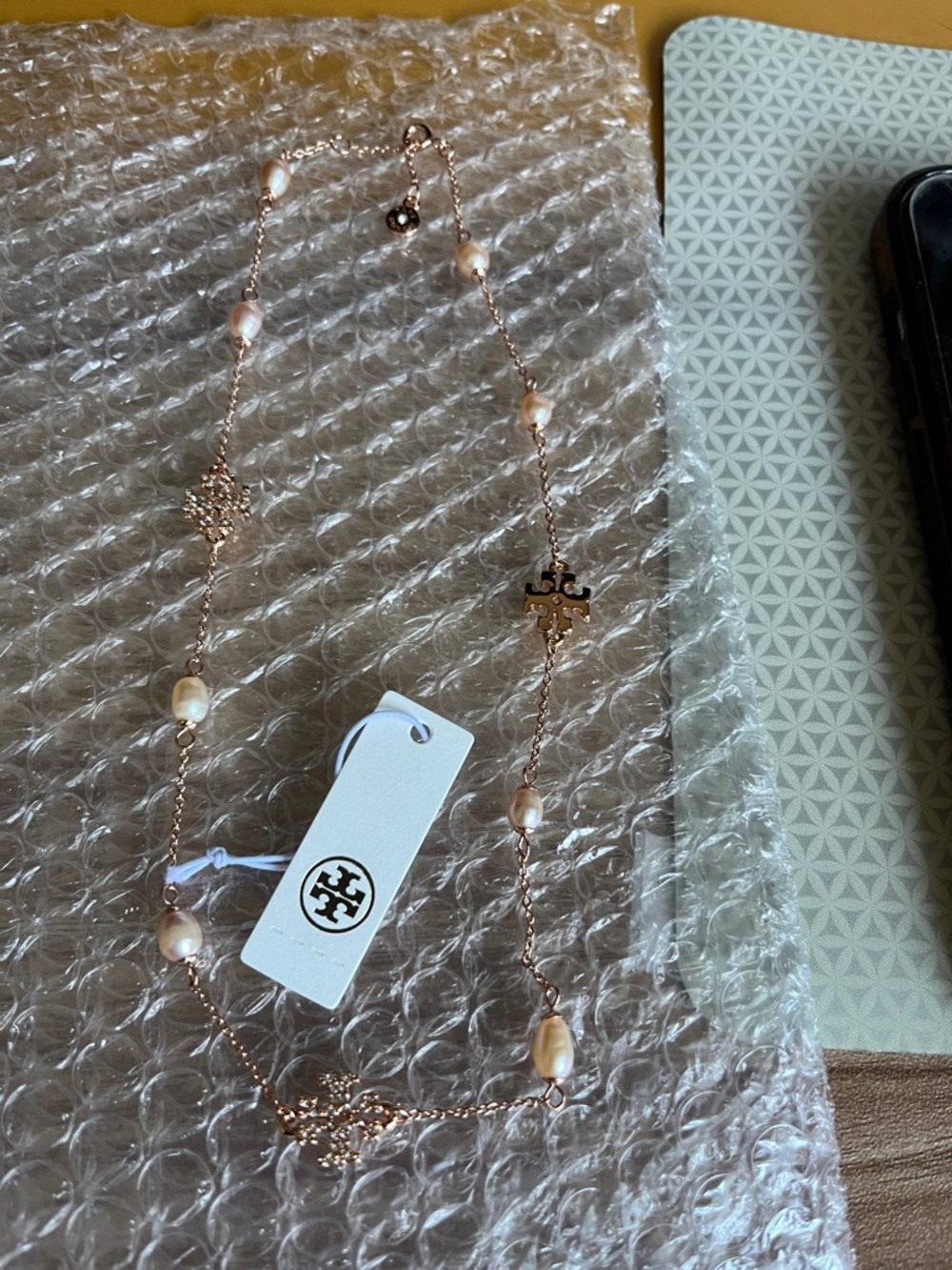 Tory Burch Rose Gold Chain Necklace with Freshwater Pearls and Logo Charms